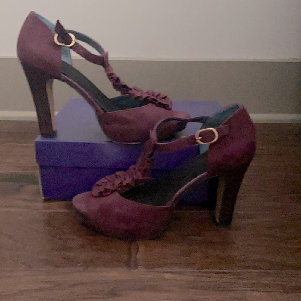 Purple Ruffled T Strap Heels